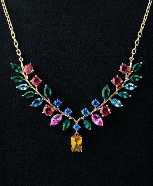 Multi Colour Floral WIth Pear, Emerald, Marquies and Round Colour Moissanite Neckless