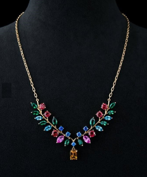 Multi Colour Floral WIth Pear, Emerald, Marquies and Round Colour Moissanite Neckless