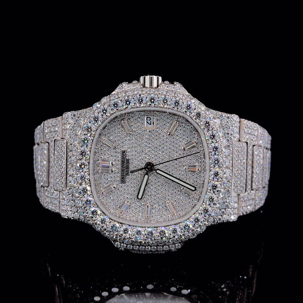 Patek Philippe Fully Iced-outMoissanite Diamond Silver Watch
